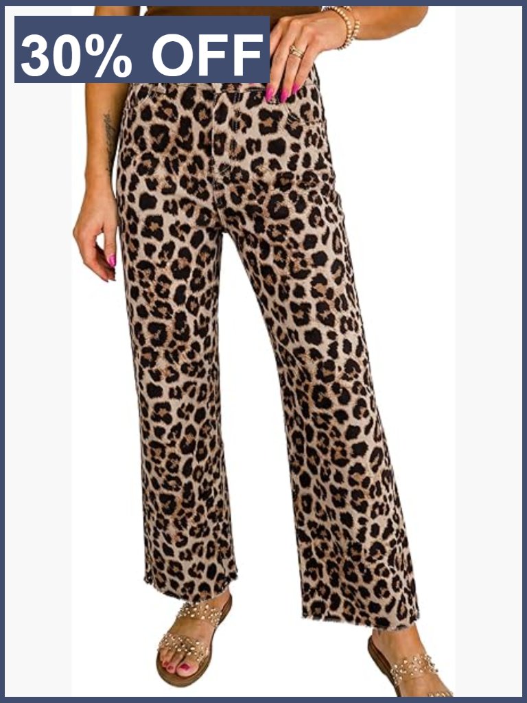 Animal Print Wide Leg High Waisted Denim Jeans Tummy Control